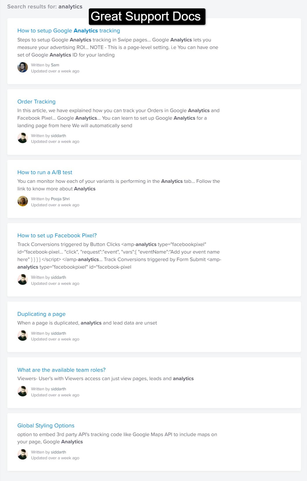 great-support-sics Swipe pages support and docs